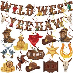 26 Pieces Western Party Decorations West Cowboy Banners Hanging Swirls Wild W…