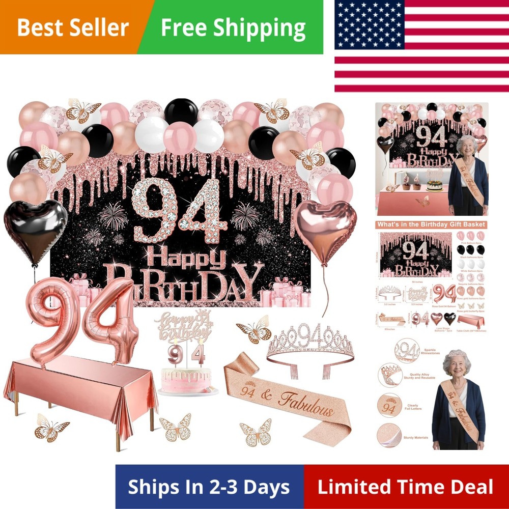 94th Birthday Decorations for Women, 49pcs Black Rose Gold Black Happy 94th B…