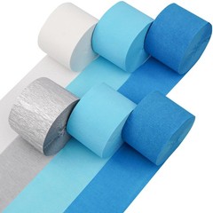 6 Rolls 492ft Crepe Paper, Light Blue, Silver, White, Streamers, Party Decor