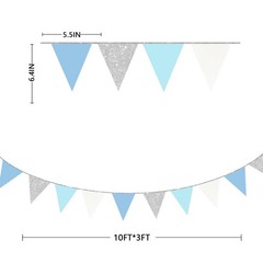 Dusty Blue Silver White Party Decorations Pennant Banner Flag Hanging Glitter…
