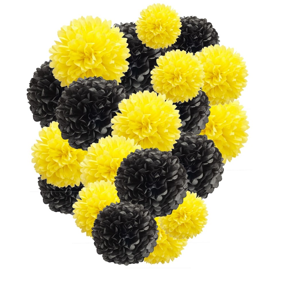 15 Pcs Black and Yellow Tissue Paper Pom Poms Flowers Bee Theme Party Decor
