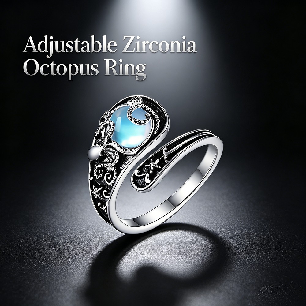 Fashion Octopus Ring for Girls, Adjustable Silver Tone, Blue Stone, Unique Gift
