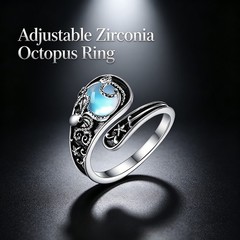 Fashion Octopus Ring for Girls, Adjustable Silver Tone, Blue Stone, Unique Gift