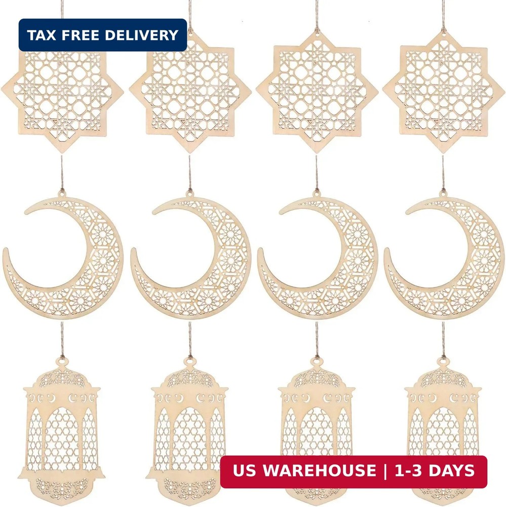 WILLBOND 12 Pcs Wood Ramadan Decorations Eid Decorations Islam Mubarak Wooden Or