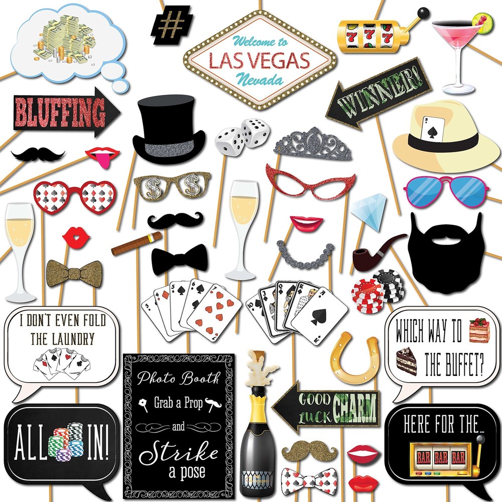 41 PCS Casino Photo Booth Props Kit 8×10 Inch Sign 45 Sticks Las Vegas Party