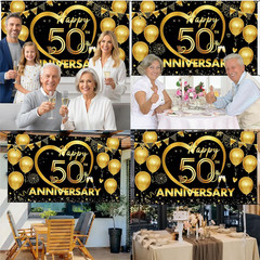 Happy 50Th Anniversary Backdrop, Black Gold Golden Anniversary Decorations, 50Th