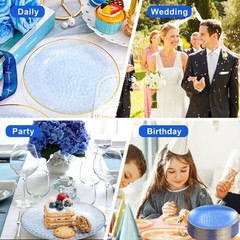 100 Pcs Blue Gold Rim Disposable Plates 7 Inch Hammered Salad Dessert Party