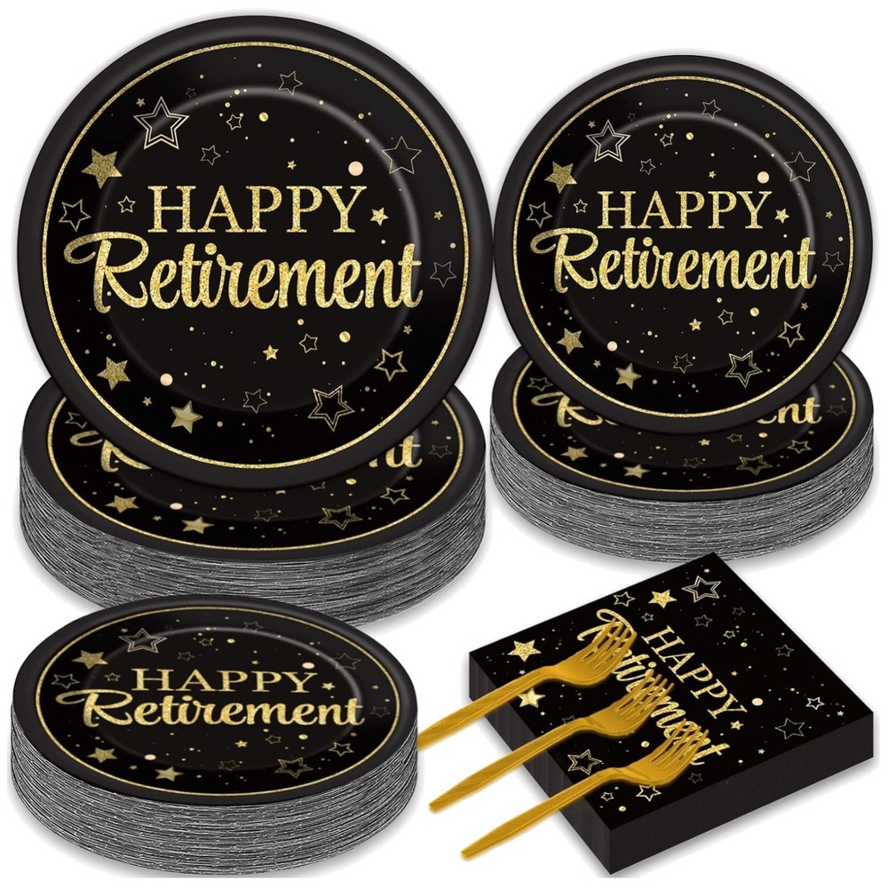 Retirement Party Supplies Set for 50 Guests, Black & Gold