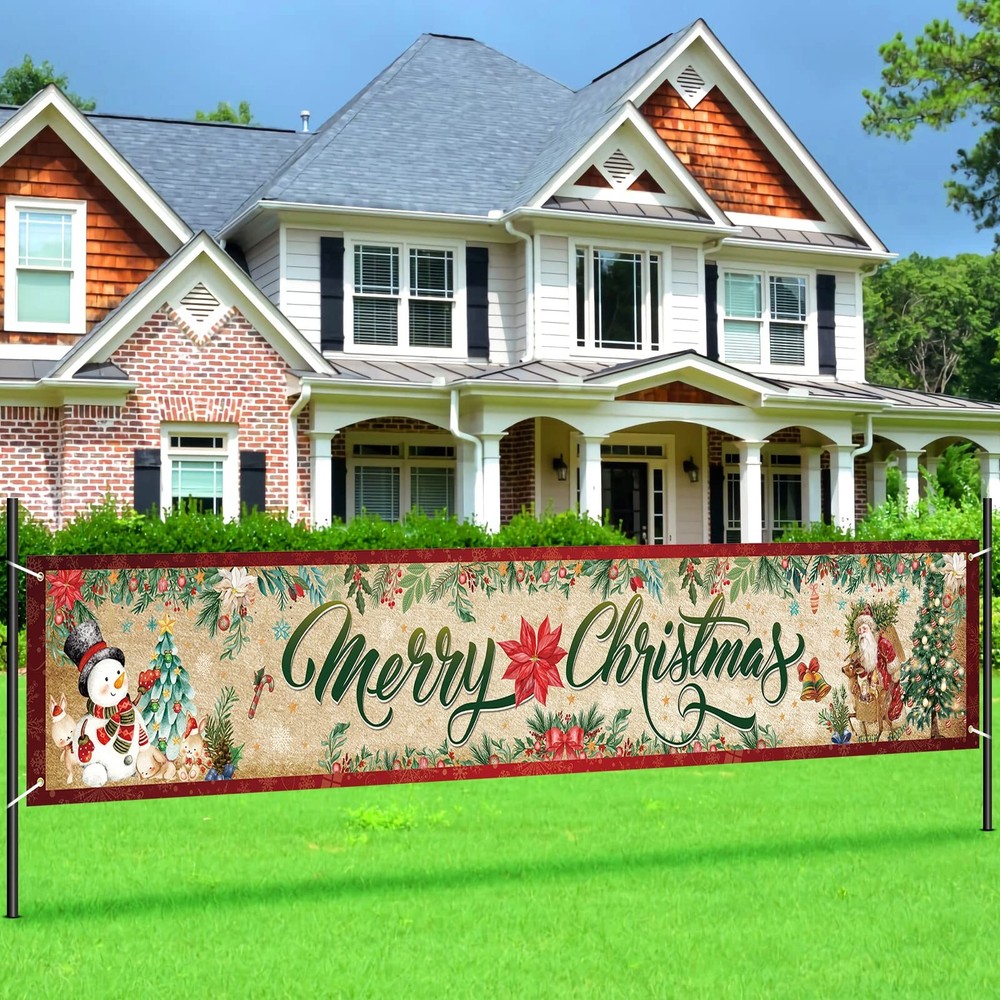 Vintage Merry Christmas Banner Retro Yard Sign Winter Xmas Outdoor Decorations