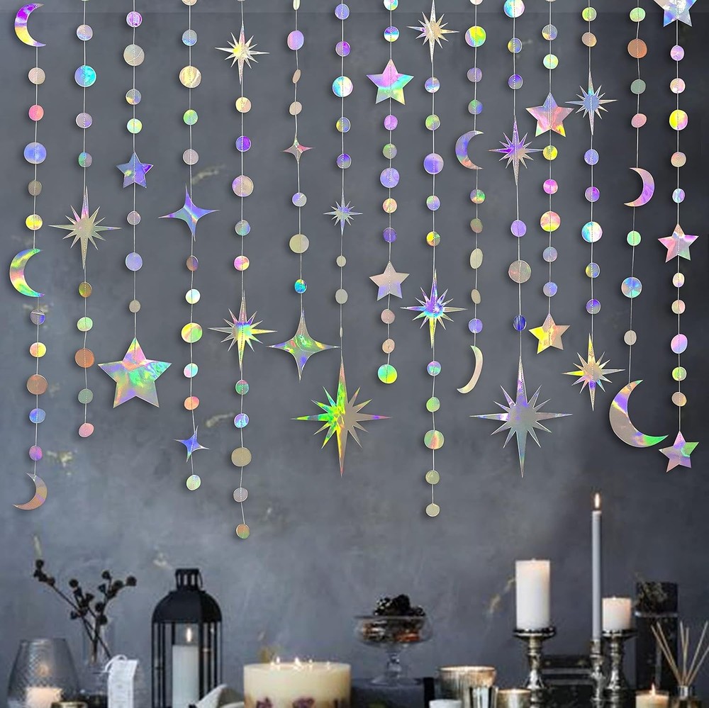 Iridescent Star Moon Circle Dot Garland Party Decoration Kit Hanging Crescent an