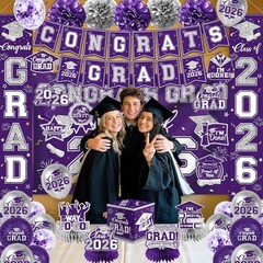 Purple and Silver Graduation Decorations 2026 Set, All-In-1 Kit with Congrats Gr