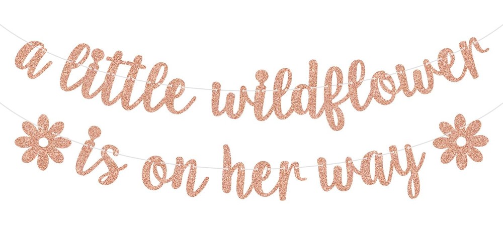 A Little Wildflower is on the Way Banner, 4 inches x 3 inches, rose gold