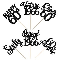 24PCS Black Happy 60th Birthday Cupcake Toppers Sixty Vintage 1966 Cupcake Pi…