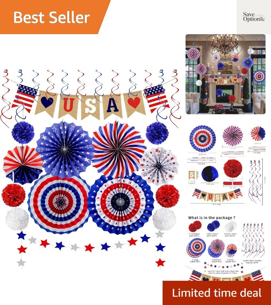 26Pcs Patriotic Decorations LOVE Banner Red White Blue Paper Fans Star Strea…