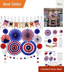 26Pcs Patriotic Decorations LOVE Banner Red White Blue Paper Fans Star Strea…