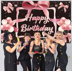 Black Rose Gold Bow Birthday Backdrop,Bow Happy Birthday Banner Decorations for