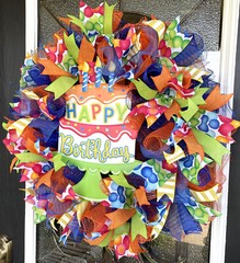 Festive Happy Birthday Party Cake Front Door Deco Mesh Wreath Gender Neutral