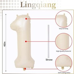 40 Inch Beige Balloon for 1st Birthday Decoration, Large Self Number 1 Cream
