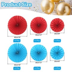 12Pcs 8″/12″/16″ Paper Fans Hanging Decoration Round Fans with Pearl Red/Blue