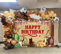 Western Cowboy Birthday Backdrop Wild West Rustic Wooden House Rodeo Boot 8x6FT