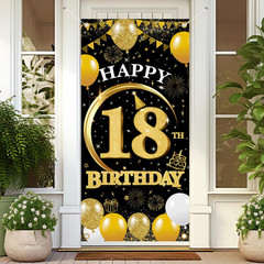 18Th Birthday Decorations Door Banner – 1 Pcs Glitter Gold Black Happy 18Th Birt