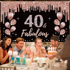 40Th Birthday Decorations Banner for Women, Rose Gold 40 Birthday Theme Sign Par