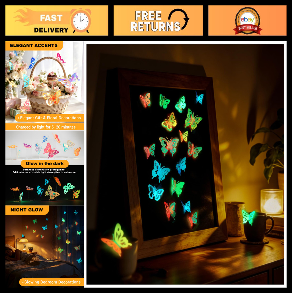 Luminous Glow in the Dark 3D Butterfly Wall Decor – Color-Changing, Multi-Size &