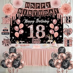 18th Birthday Decorations for Girls,52Pcs PRE-STRUNG Rose Gold Black Party Se…