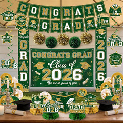 Green and Gold Graduation Decorations 2026 Set, All-In-1 Kit with Congrats Grad