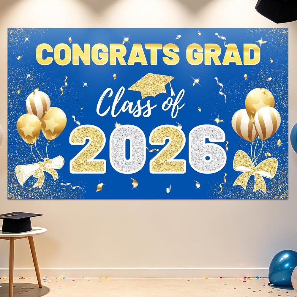 2026 Graduation Backdrop Blue – 70.8″x43.3″ Congrats Grad Banner for Party, C…