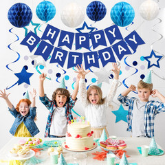 Blue Happy Birthday Decoration Set Banner Swirls Garland Honeycomb Balls
