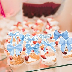 Blue Bow Cupcake Toppers Baby Shower Party Decor 40PCS