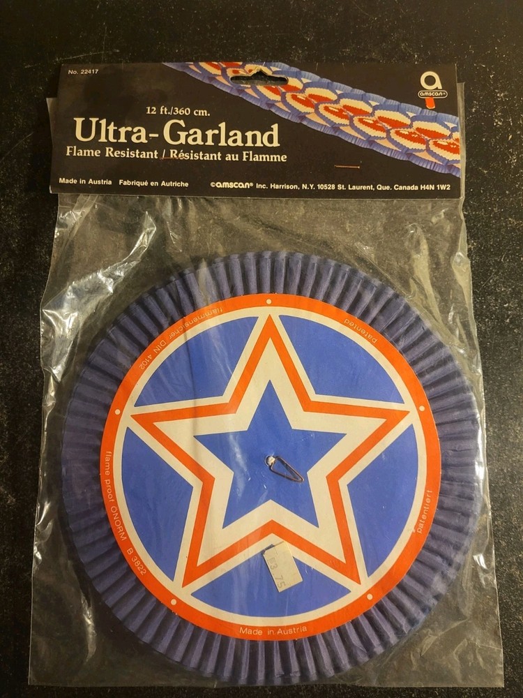 Vtg Amscan Red White Blue W/Star Decoration Ultra Garland 12 Feet New/Sealed