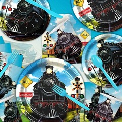 Train Birthday Party Decorations Set – Happy Birthday Backdrop, Plates, Cups, Na