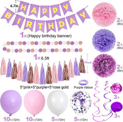 Purple Pink Birthday Party Decorations Set with Banner, Balloons, Garlands