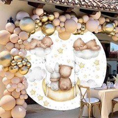 Baocicco 6ft Cartoon Bear Rabbit Round Backdrop White Clouds Watercolor