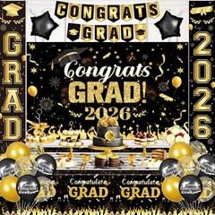 2026 Graduation Party Supplies Set – Black Gold Decor, Backdrop, Banner, Balloon