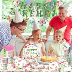 Flower Birthday Decorations, 170Pcs Butterfly Floral Pink, Green