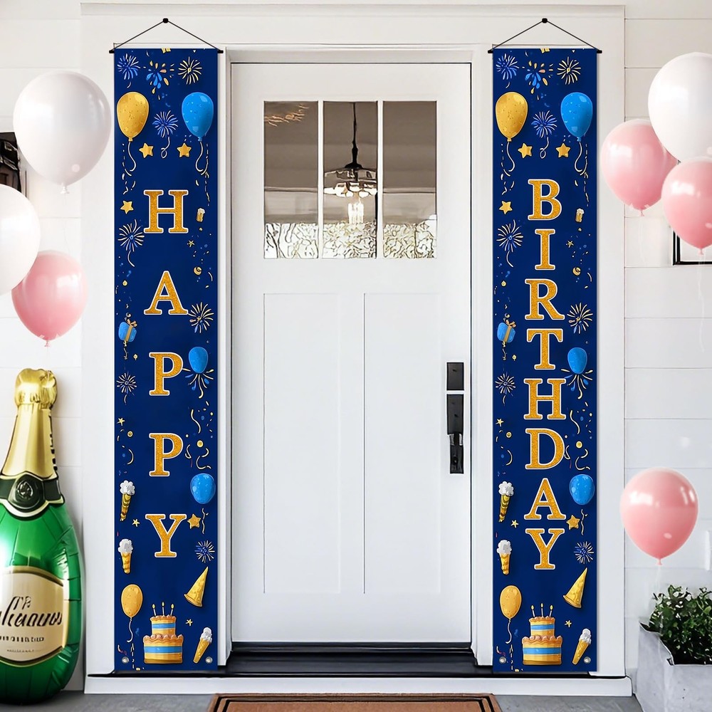 Door Banner 12×71 Inch Vertical Hanging Decoration Gold Blue Happy Letter Sig…