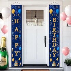 Door Banner 12×71 Inch Vertical Hanging Decoration Gold Blue Happy Letter Sig…