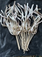 Wedding Ribbon Wands with Bells and White Beige ribbon and wood handle 25 pieces