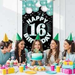 Happy 16th Decorations for Boys & Girls, Turquoise Fabric Banner Backdrop for…
