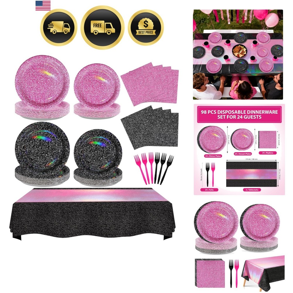 Elegant 98-Piece Hot Pink & Black Tableware Set for Birthday & Bridal Showers