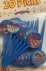 Patriotic Plastic Picks With Laser Sticker Round Blue, 20ea Package New Sealed