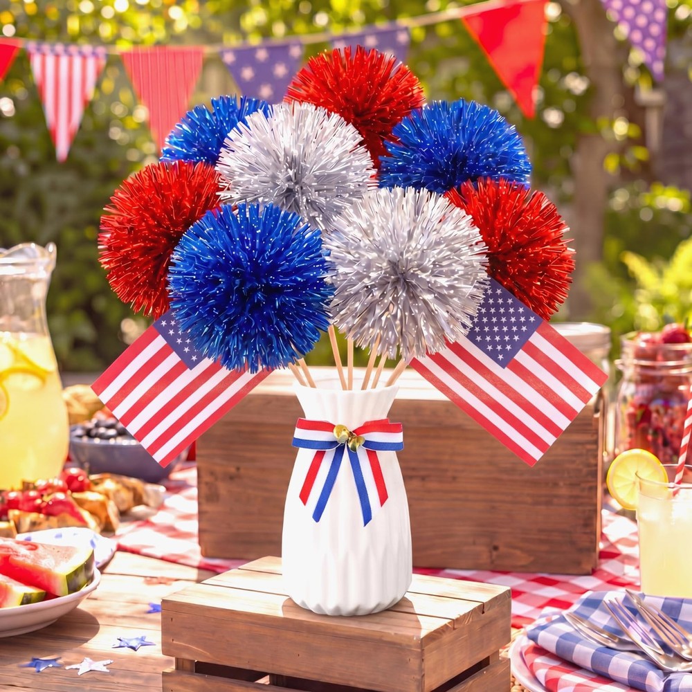 12 Pcs Large 4th of July Fireworks Decorations Patriotic Pom Pom Picks Red Blue