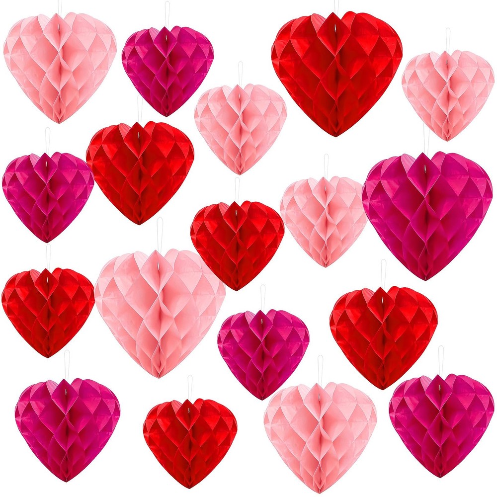 Red Pink Magenta 18 Pcs Valentines Day Hanging Paper Honeycomb Hearts Balls