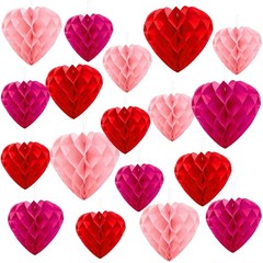 Red Pink Magenta 18 Pcs Valentines Day Hanging Paper Honeycomb Hearts Balls