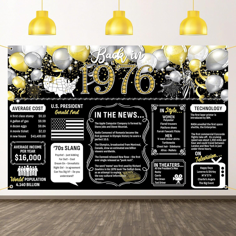 50Th Birthday Black Gold Party Decoration Back in 1976 Backdrop Large Banner Bir