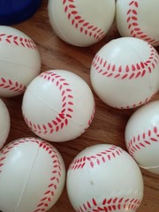 Baseball Decorations Lot Foam Baseballs & Cap-shaped Bowls, Cards Red White Blue