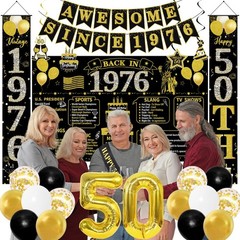 50th Birthday Party Decorations, Black Gold Backdrop, Balloons, Sash & Banners,